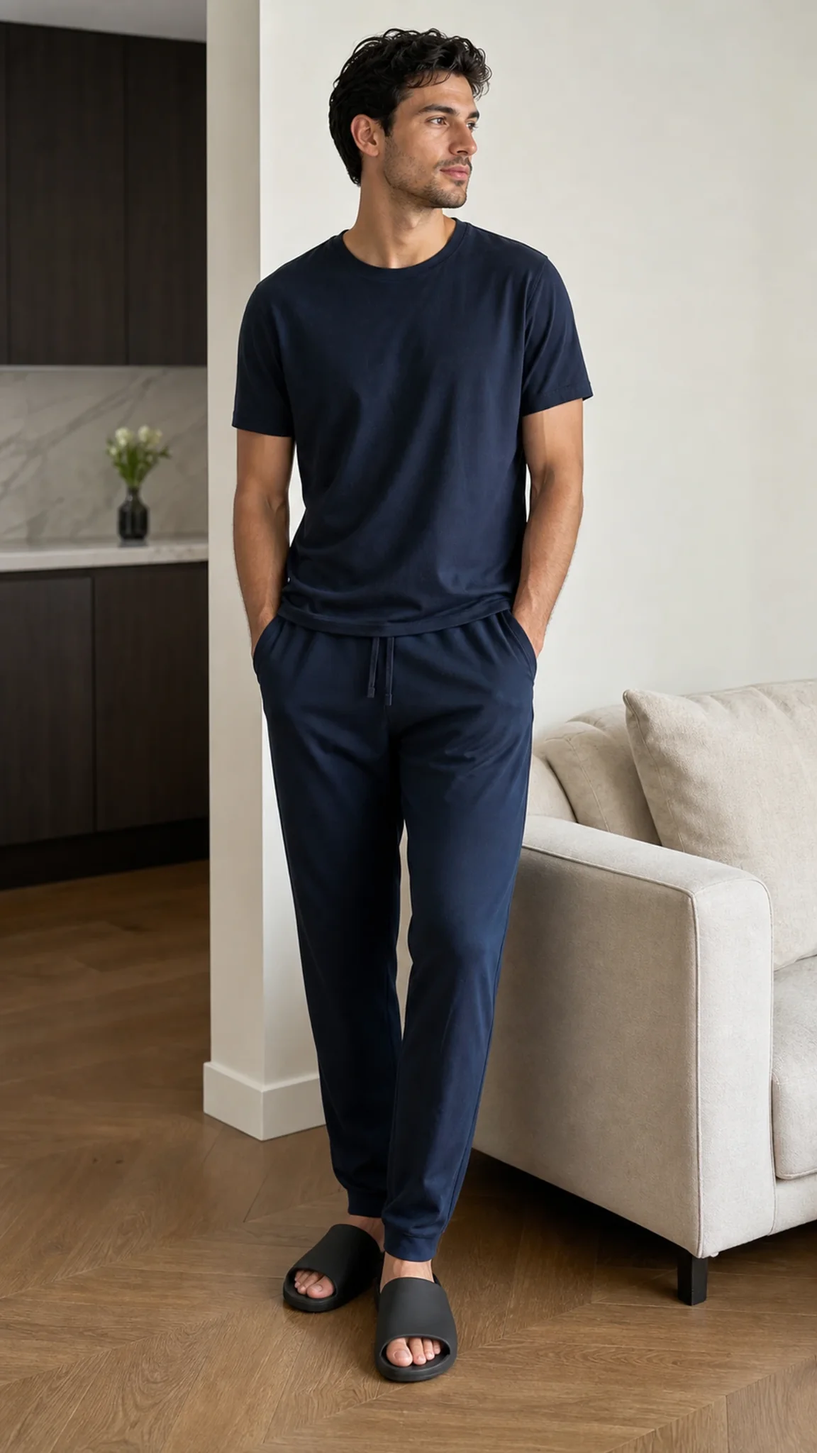 Man wearing black EVA slide slippers in a modern home